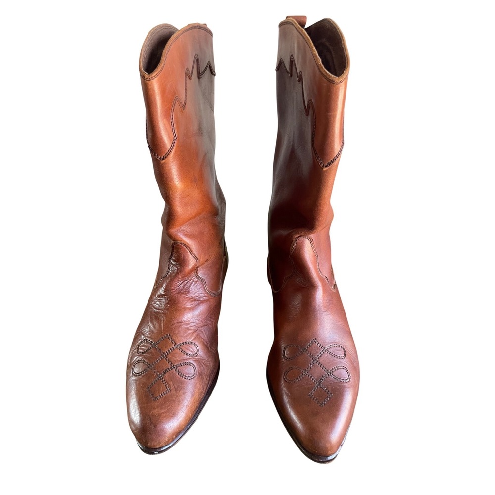 Vtg David & Joan Mens Brown Leather Western Cowboy Boots Handmade Italy Size 9.5